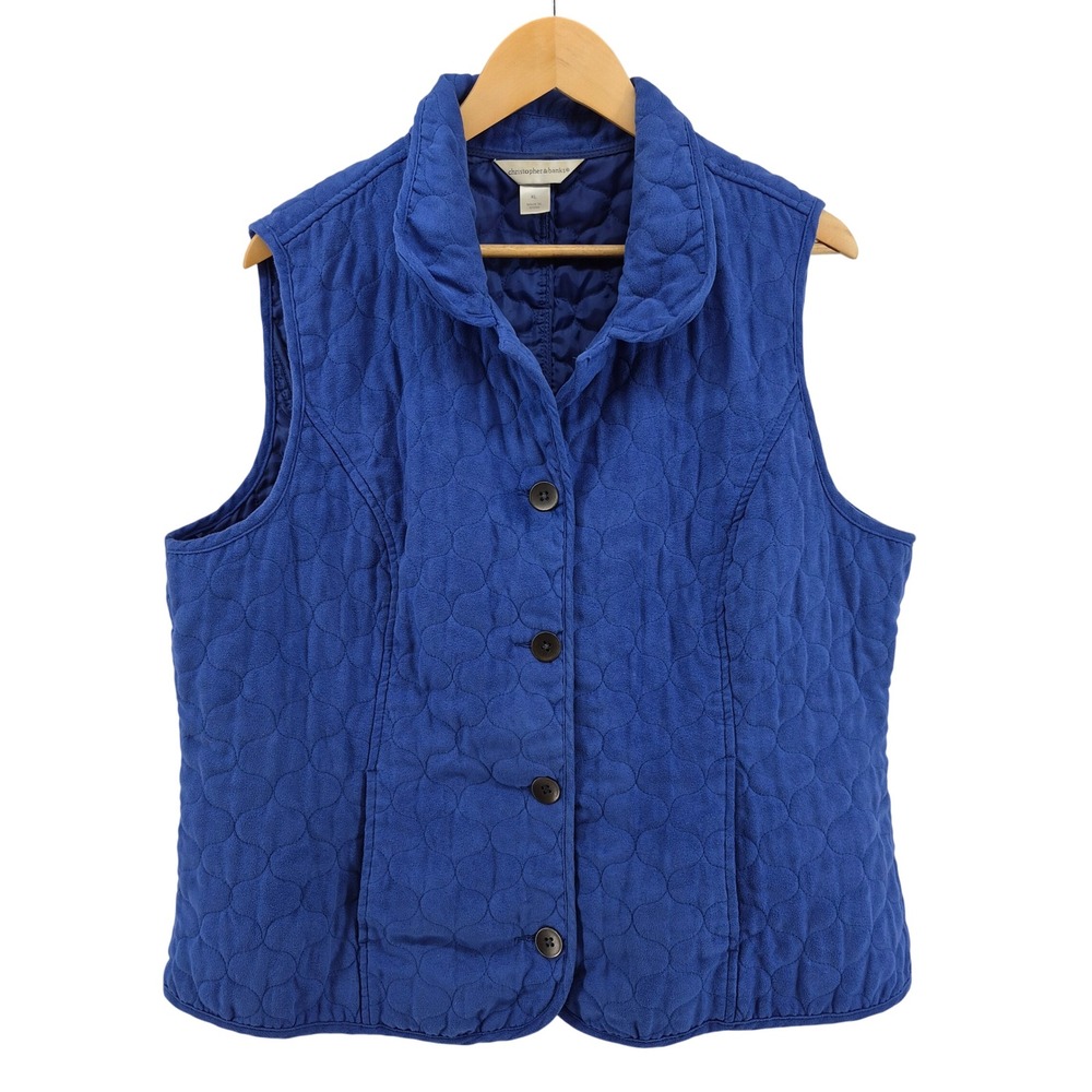 Christopher & Banks XL Blue Quilted Vest Button Front Warm Layering Outerwear